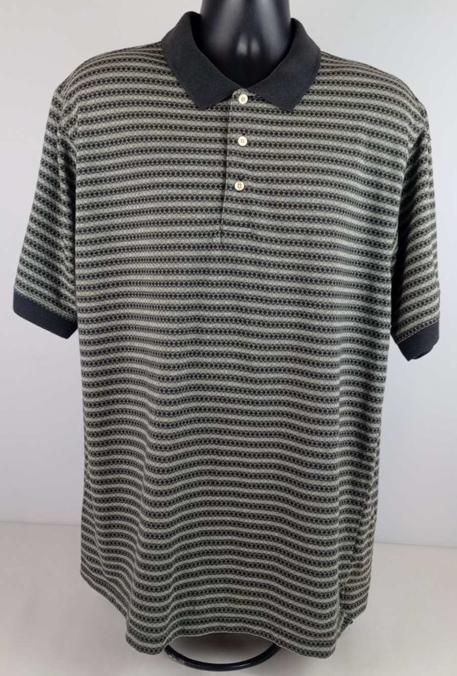 Catalina Men's XL Gray Black Striped Short Sleeve Collared 1/4 Button Polo Shirt